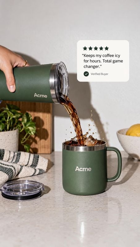insulated travel tumbler splash / pour product photo: A hand pours iced coffee from a dark green insulated tumbler into a matching handled mug on a bright kitc…
