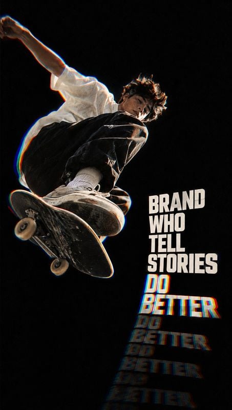 skateboard action & motion product photo: A skateboarder launches through a dramatic jump against a black backdrop, paired with bold stacked lettering and colo…
