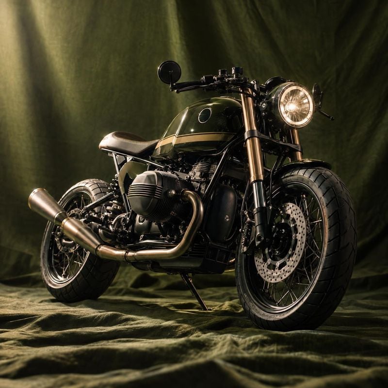 motorcycle vehicle exterior product photo: A dark custom-style motorcycle is presented at a dramatic three-quarter angle on rumpled olive fabric, with warm foc…