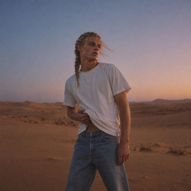 white T-shirt and blue jeans action & motion product photo: A young man in a white T-shirt and blue jeans poses in an open desert as a breeze moves his hair, w…