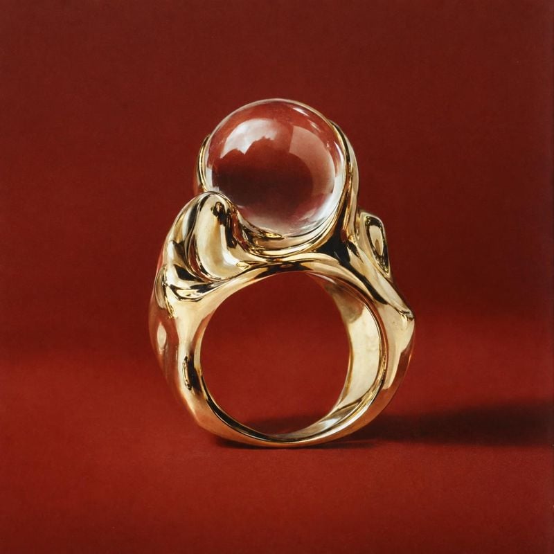 gold ring with a clear spherical stone jewelry product photo: A sculptural gold ring with a clear spherical stone stands against a deep red studio backdrop, li…