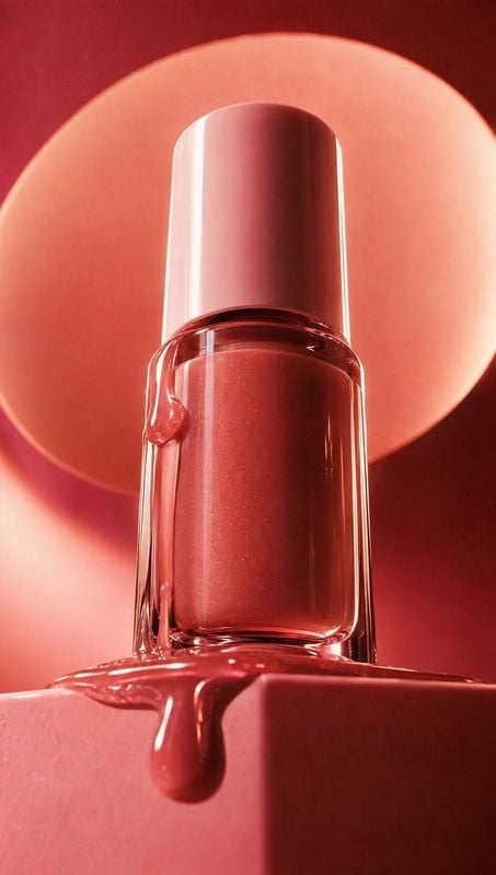 pink nail polish bottle close-up detail product photo: A glossy pink cosmetic bottle stands against a sculptural coral backdrop, lit with warm highlights for a…