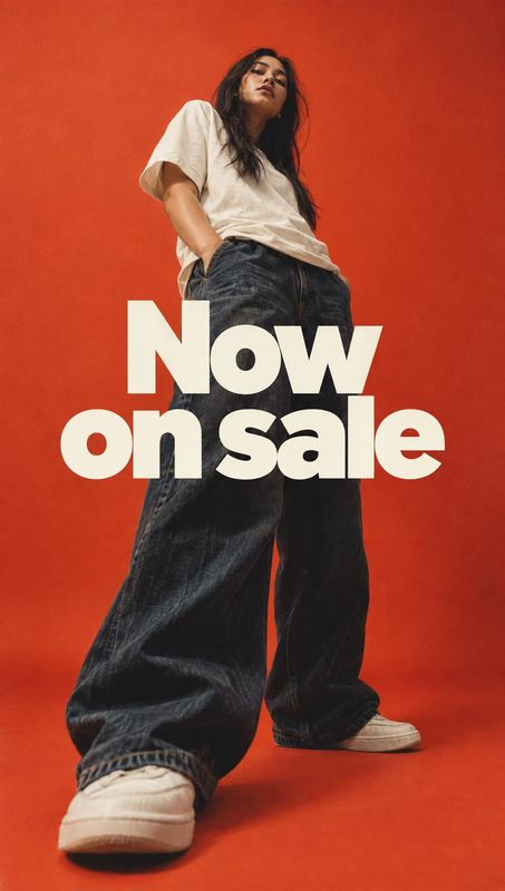 wide-leg jeans black friday product photo: A model in a white T-shirt, oversized dark jeans, and sneakers poses against a vivid red studio backdrop beneath bol…