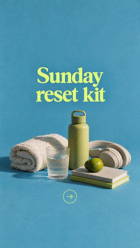 wellness essentials kit personal care product photo: A neatly arranged wellness kit of a bottle, headphones, towel, glass, lime and books sits against a vivid…