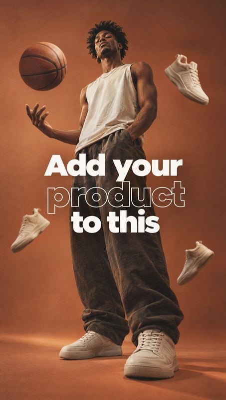 sneakers floating product product photo: A model in a white tank and loose dark trousers poses with a basketball and floating sneakers against a warm terracott…