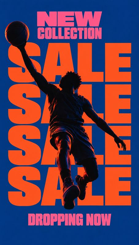 basketball sports product photo: A silhouetted basketball player leaps against a vivid blue background, framed by oversized orange SALE lettering and bright pi…