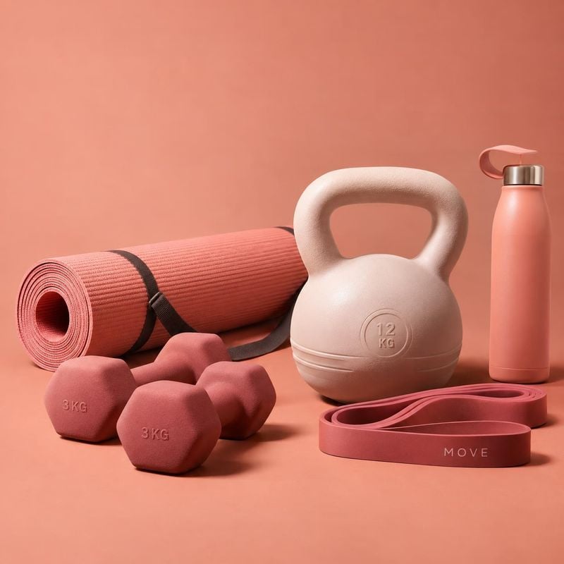 fitness equipment set sports product photo: A coordinated set of coral-toned workout gear—including a rolled exercise mat, dumbbells, kettlebell, resistance ba…