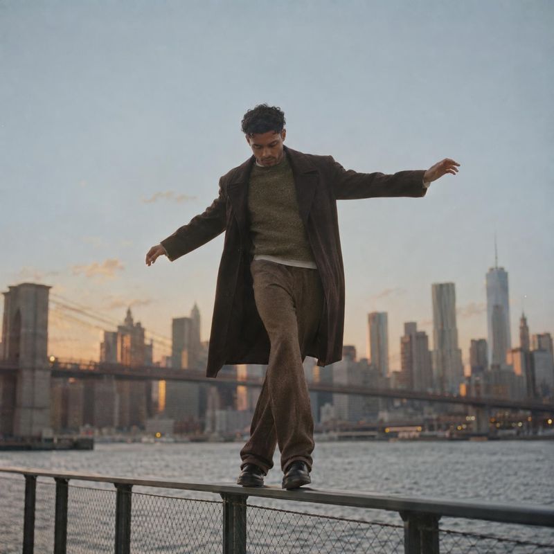 men’s coat and outfit action & motion product photo: A man in a dark overcoat and neutral-toned layers balances on a riverside railing against a city skyline,…