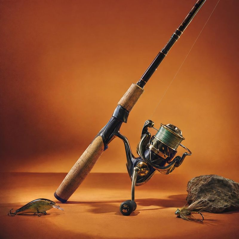 fishing rod and reel sports product photo: A fishing rod and reel are arranged diagonally with lures and a rock on a warm orange studio set, creating a dramati…
