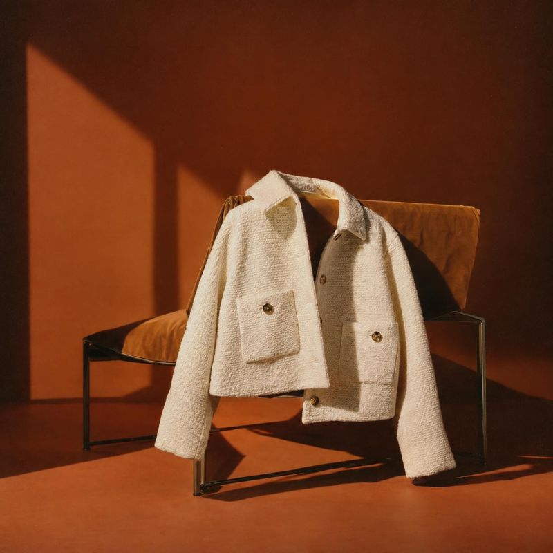 textured jacket ghost mannequin product photo: A cream textured jacket draped over a leather chair in a terracotta-toned interior, lit by strong warm sunlight…