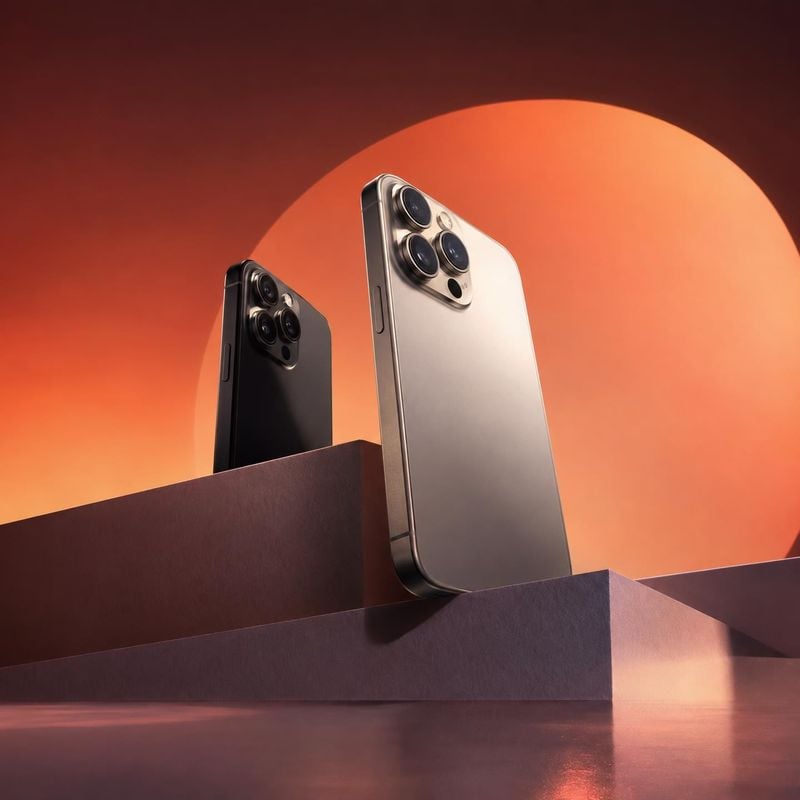 smartphones black friday product photo: Two premium smartphones stand on geometric platforms against a glowing orange and burgundy abstract backdrop, with dram…