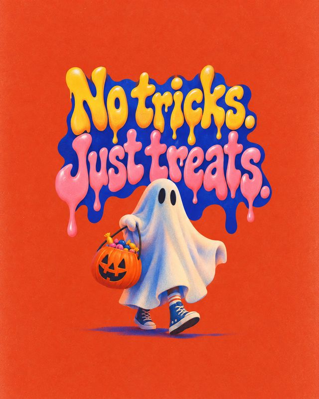 halloween product photo: A small figure dressed as a ghost carries a pumpkin candy bucket beneath bubbly yellow and pink lettering on a vivid red background, c…