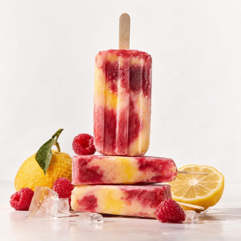 fruit popsicles ingredients product photo: Colorful raspberry-and-citrus popsicles are stacked with fresh fruit and ice on a pale surface against a softly lit…