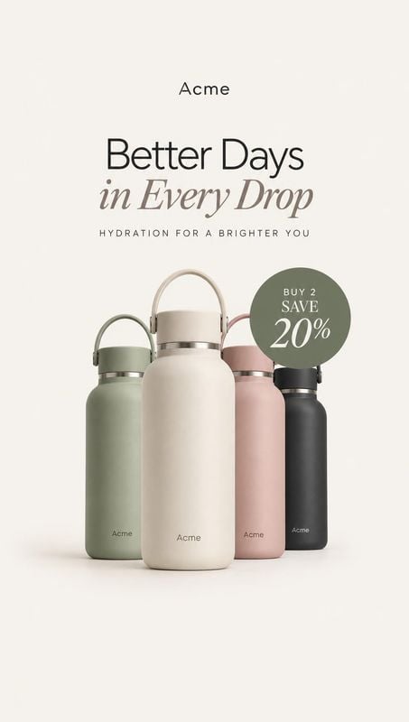 reusable water bottles group lineup product photo: A coordinated lineup of pastel reusable water bottles sits against a warm off-white studio backdrop beneath…