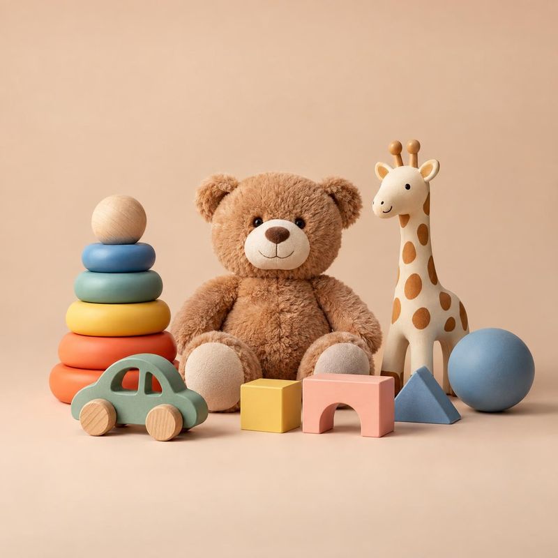 wooden toys and teddy bear toys product photo: A teddy bear sits among colorful wooden toys on a warm beige studio backdrop, lit softly for a playful, cozy moo…