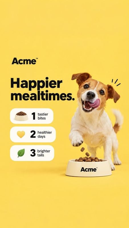 dog food pet product photo: A playful dog leaps above a bowl of kibble on a bright yellow studio backdrop, paired with bold black headline text and simple bene…