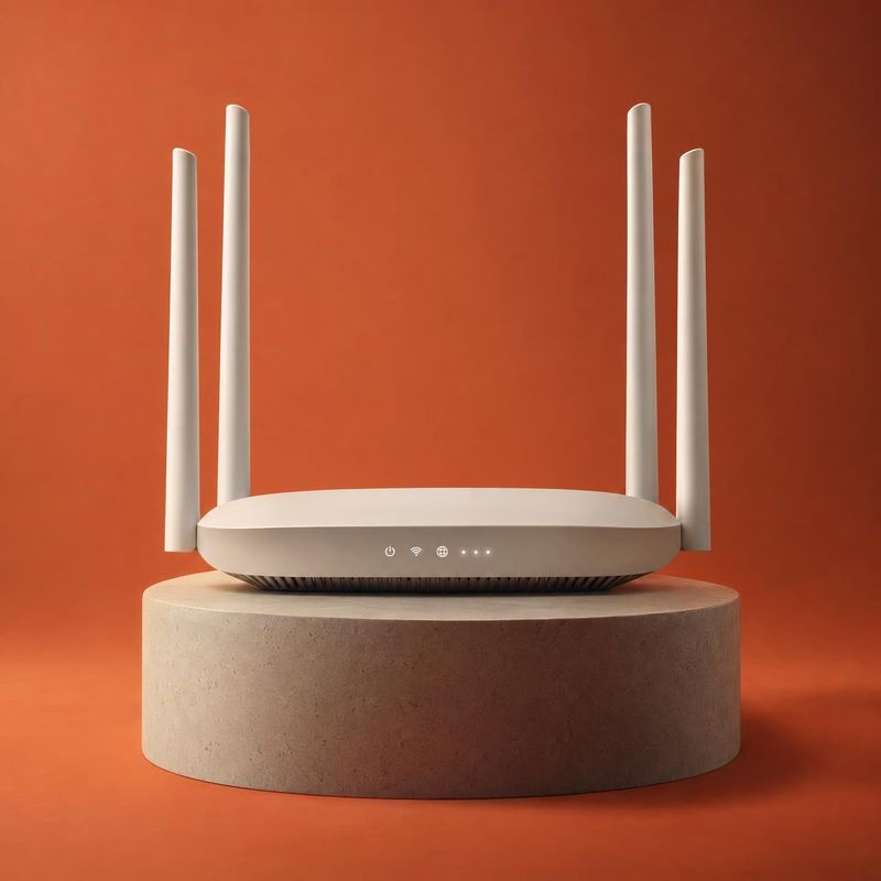 Wi-Fi router electronics product photo: A white four-antenna router sits centered on a stone pedestal against a warm terracotta studio backdrop, with soft dire…