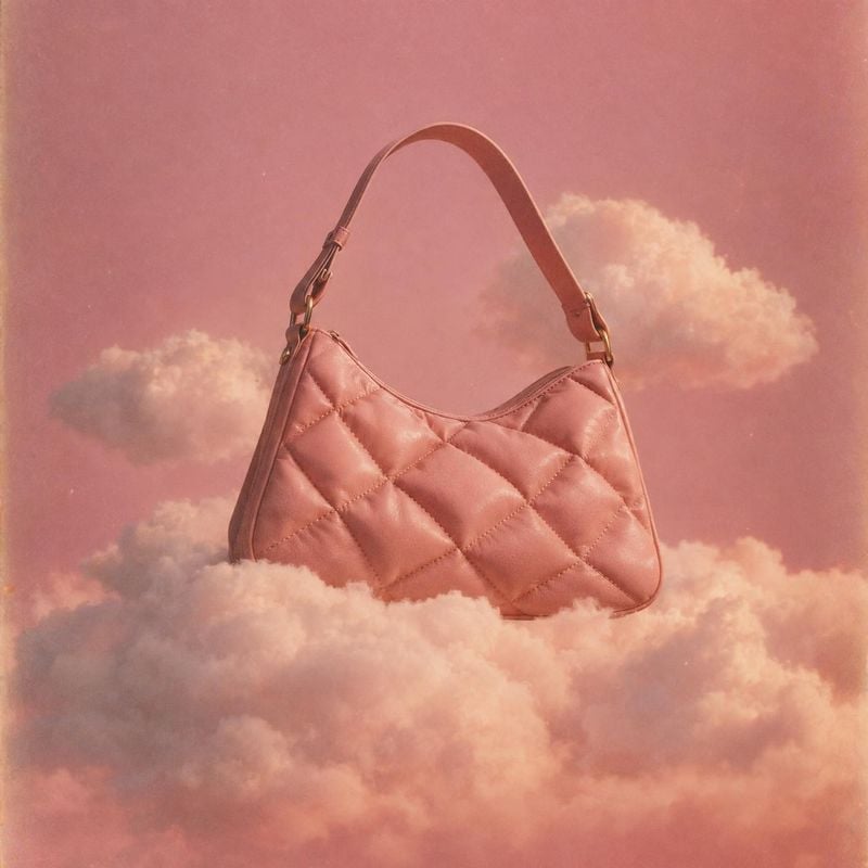 quilted handbag floating product product photo: A blush-pink quilted handbag floats among soft clouds against a rosy sky, lit with a warm dreamy glow for a whi…
