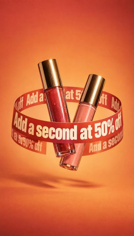 lip gloss floating product product photo: Two lip gloss tubes float against a warm orange studio backdrop, encircled by bold red promotional text, creating a b…