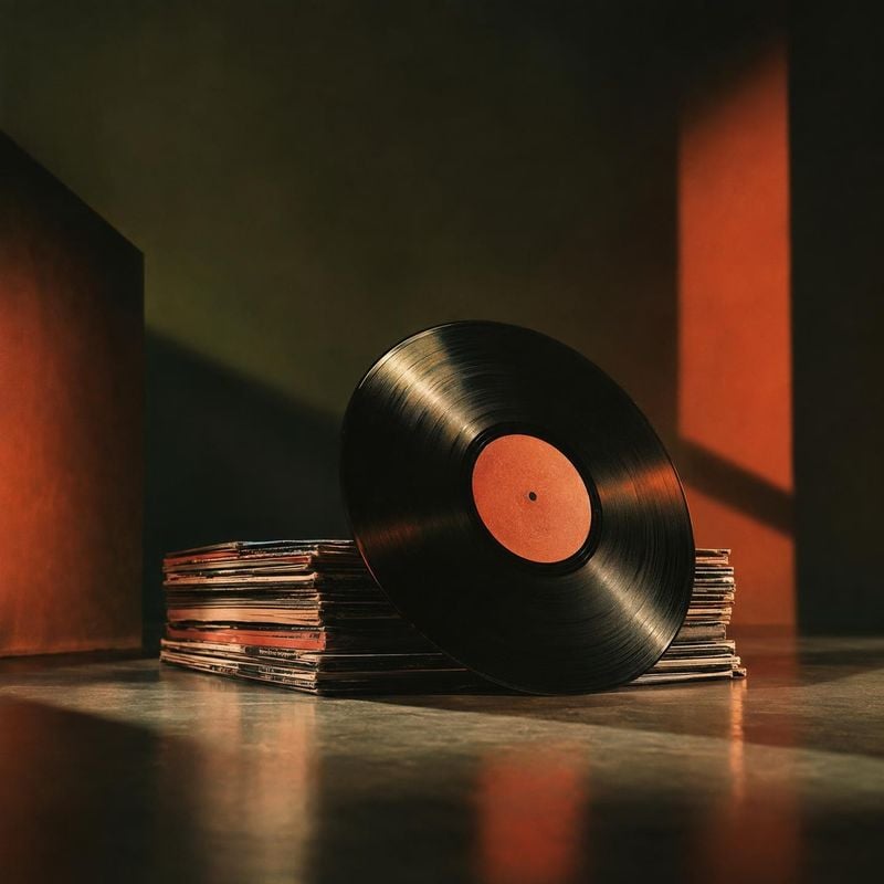 vinyl record book product photo: A black vinyl record leans against a stack of album sleeves in a dim interior, where warm orange light and deep shadows create…
