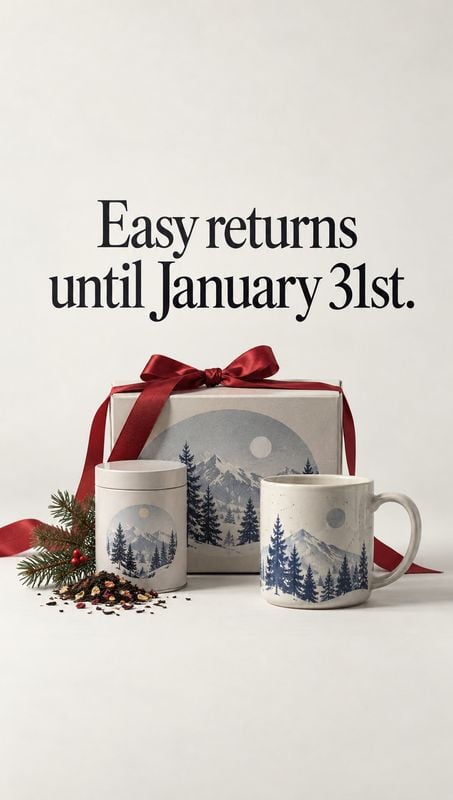 ceramic mug and matching gift set texture / swatch product photo: A ceramic mug and matching illustrated gift set sit with evergreen sprigs and a red ribbon on…