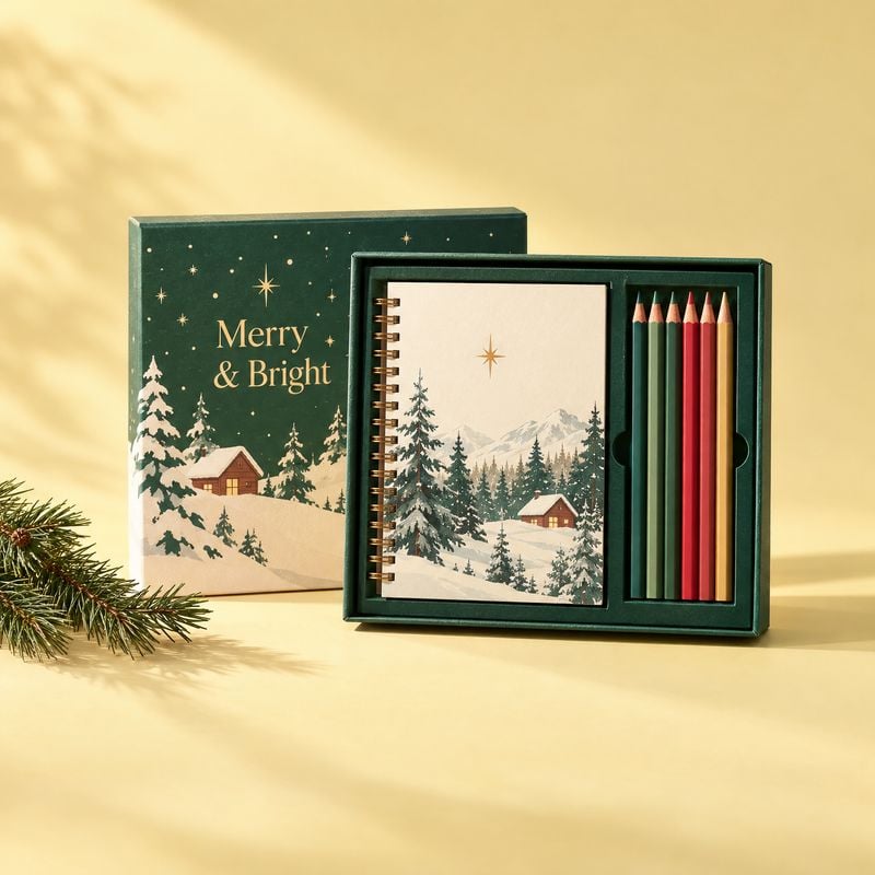 holiday notebook and colored pencil set christmas product photo: A forest-green gift set with a spiral notebook and colored pencils sits beside its illustrated…