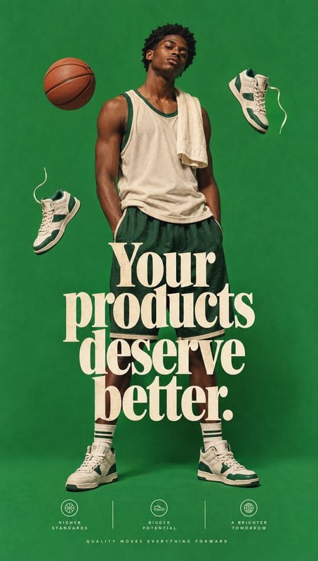 sneakers and basketball apparel floating product product photo: A young man in basketball apparel stands against a vivid green studio backdrop as sneakers and…