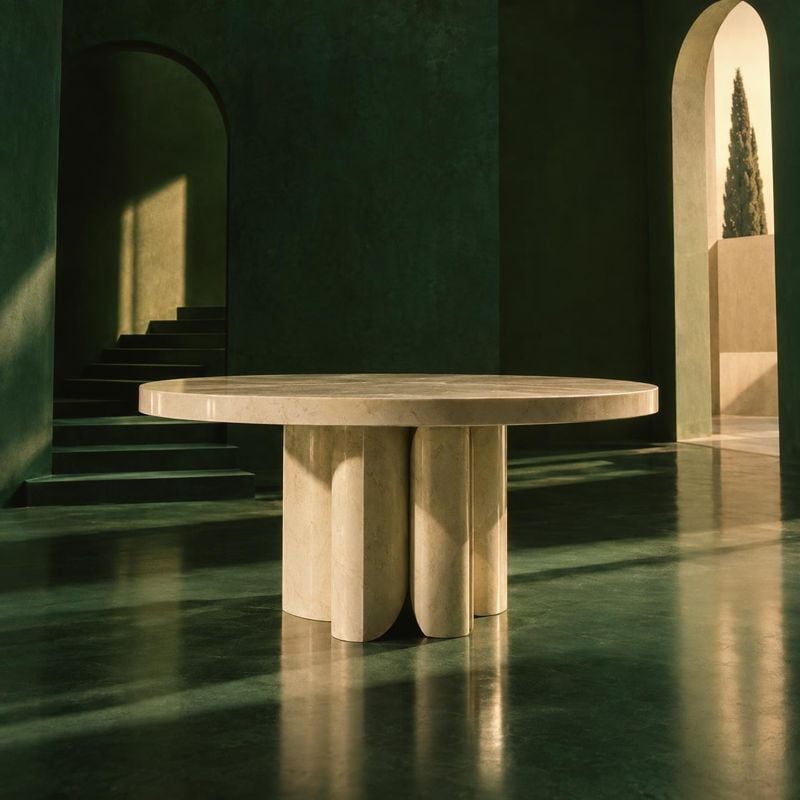 stone dining table interior space product photo: A sculptural pale stone table anchors a dramatic green architectural interior, lit by warm shafts of sunlight…
