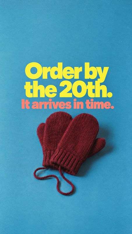 knitted mittens packshot product photo: A pair of burgundy knitted mittens rests on a vivid blue studio backdrop beneath bold yellow and coral shipping-deadlin…