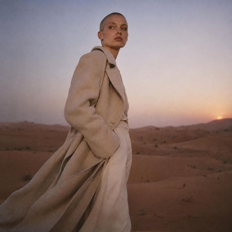 long coat action & motion product photo: A model in a flowing neutral-toned coat stands in a desert landscape at sunset, with soft warm light and a cinematic,…