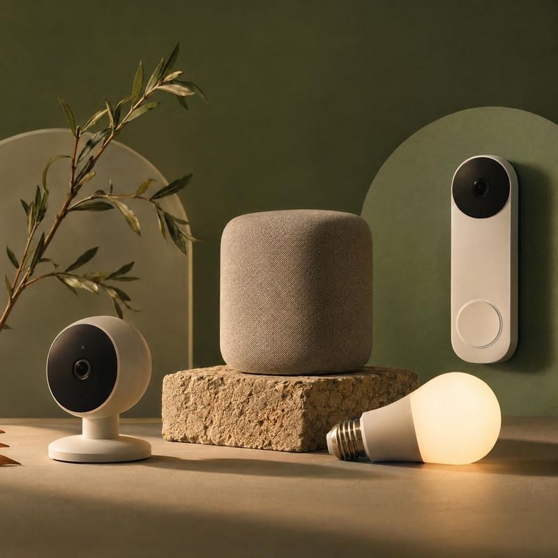 smart home devices electronics product photo: A coordinated group of smart home devices—a speaker, cameras, and a glowing bulb—is arranged on stone blocks agai…