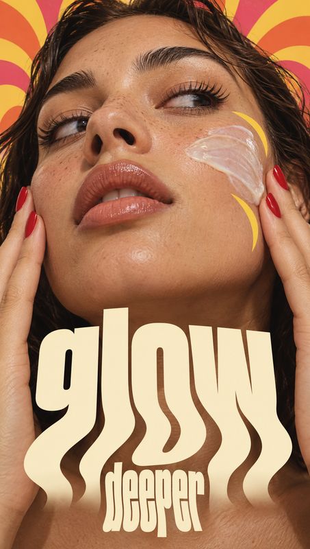 on-body detail product photo: A close-up of a woman with skincare cream on her cheek and hands framing her face, set against a bright sunburst graphic with bol…