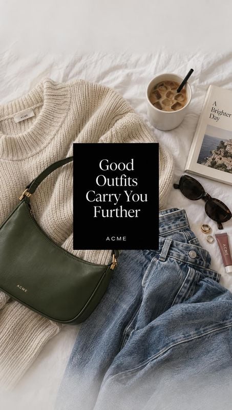 green handbag flat lay product photo: A cream knit sweater, green handbag, denim, sunglasses, and iced coffee are arranged on rumpled white bedding around a bo…