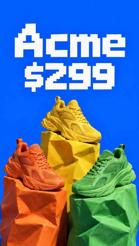 sneakers group lineup product photo: Three colorful chunky sneakers sit on crumpled paper pedestals against a vivid blue studio backdrop, with oversized pixel-…