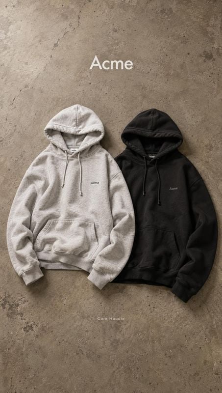 hoodies flat lay product photo: Two hoodies in light gray and black are arranged on a textured concrete surface, with restrained lettering and soft, even light…