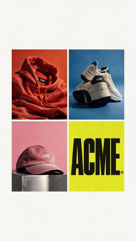streetwear collection group lineup product photo: A four-panel graphic pairs a rust-colored hoodie, pale sneakers, and a mauve cap with oversized black letteri…