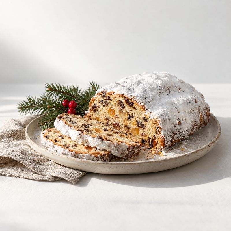 stollen christmas product photo: A powdered-sugar-dusted stollen, sliced on a ceramic plate with evergreen sprigs and red berries, sits in soft natural-looking…