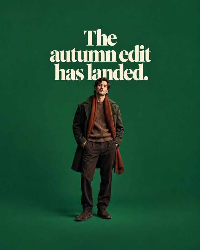 men’s autumn outfit autumn product photo: A male model poses in a layered autumn outfit against a deep green studio backdrop, beneath large cream headline typo…
