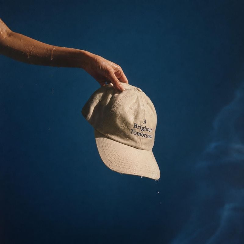 baseball cap product in hand product photo: A hand holds a dripping beige baseball cap embroidered with “A Brighter Tomorrow” above deep blue water, creating a…