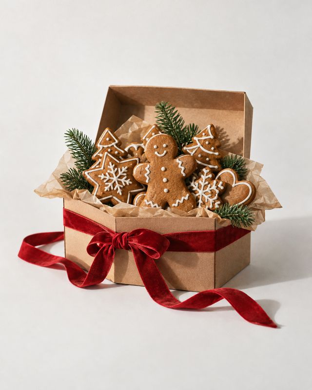 gingerbread cookie gift box christmas product photo: Decorated gingerbread cookies are arranged in a kraft gift box with evergreen sprigs and a red velvet ribb…