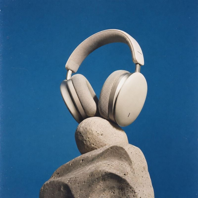 over-ear headphones electronics product photo: Cream over-ear headphones rest atop sculptural rough stone against a vivid blue studio backdrop, creating a clea…