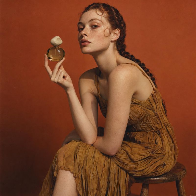 perfume bottle product in hand product photo: A model in a textured ochre dress holds a rounded perfume bottle against a warm rust-colored studio backdrop, cre…