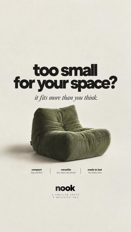 upholstered lounge chair packshot product photo: A sculptural olive-green upholstered chair sits alone against a warm off-white studio backdrop, paired with bo…