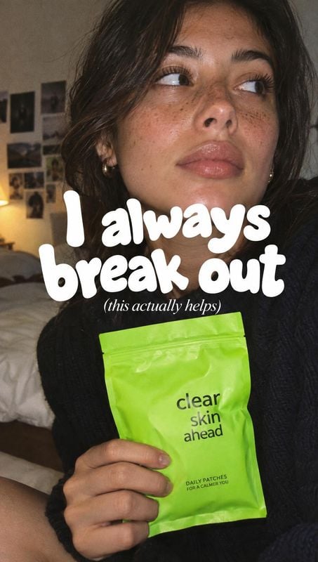 daily acne patches product in hand product photo: An adult woman holds a bright green acne-patch pouch in a cozy bedroom, with bold white headline text over th…