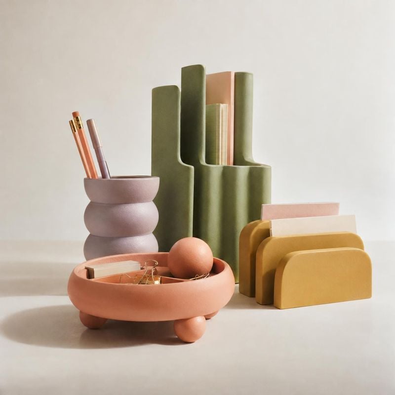 sculptural desk organizers stationery product photo: A coordinated set of sculptural desk organizers in muted green, terracotta, and mustard holds pencils and…