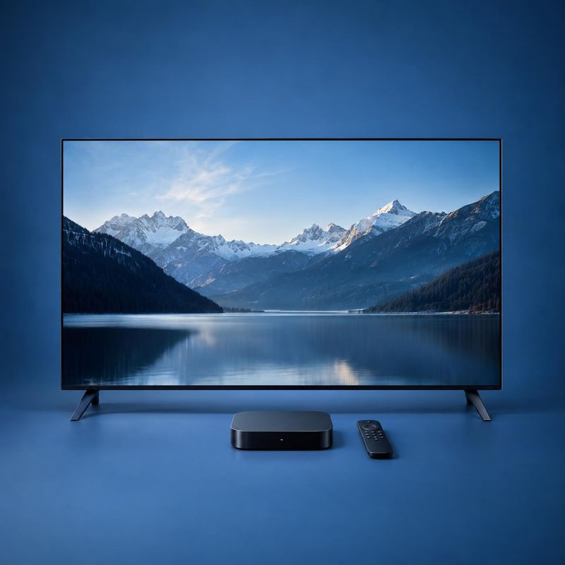television with streaming box and remote electronics product photo: A widescreen television displaying a serene alpine lake sits with a streaming box and remot…