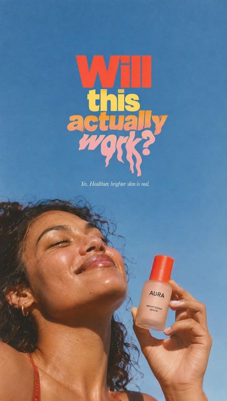 brightening serum product in hand product photo: A woman holds a brightening serum beside her face under a clear blue sky, with bold colorful headline typograp…