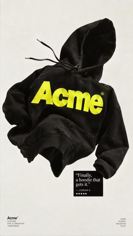 hoodie floating product product photo: A black hoodie with bright yellow lettering is suspended against a warm off-white backdrop, paired with a small customer…