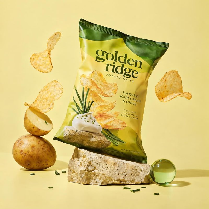 Golden Ridge sour cream and chive potato chips ingredients product photo: A Golden Ridge potato-chip bag is styled with floating chips, potatoes, chives, sour…