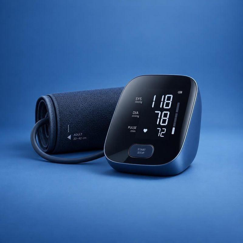 digital blood pressure monitor personal care product photo: A digital blood pressure monitor and cuff sit against a blue studio backdrop, lit with soft directi…